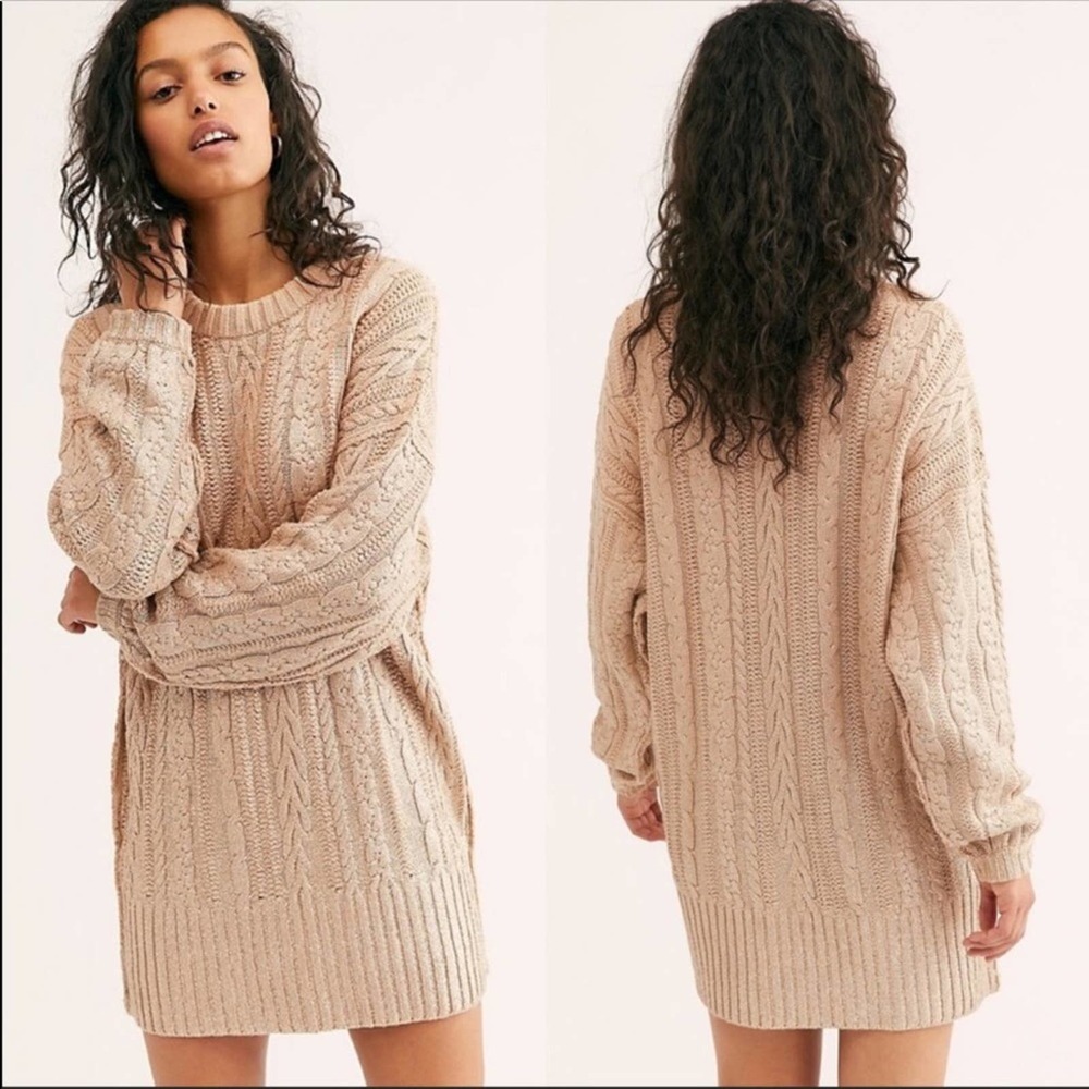Free People Good as Gold Metallic Cable Knit Sweater Sz S